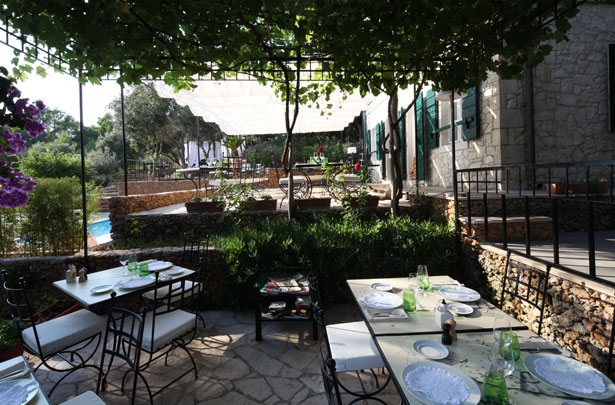 Tables laid under a vine pergola, the pool and garden beyond