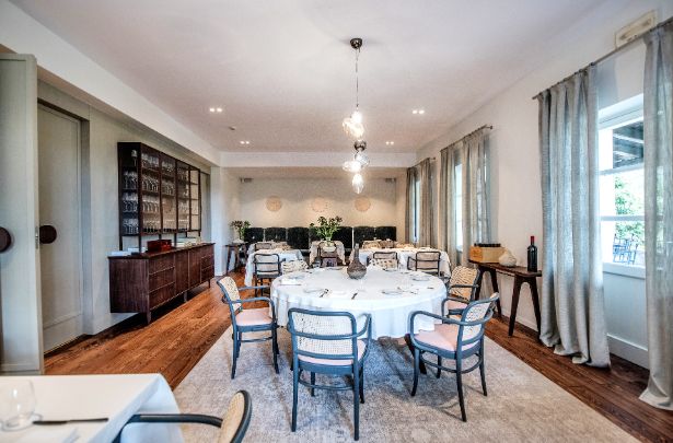 The restaurant dining room, set for a tasting menu