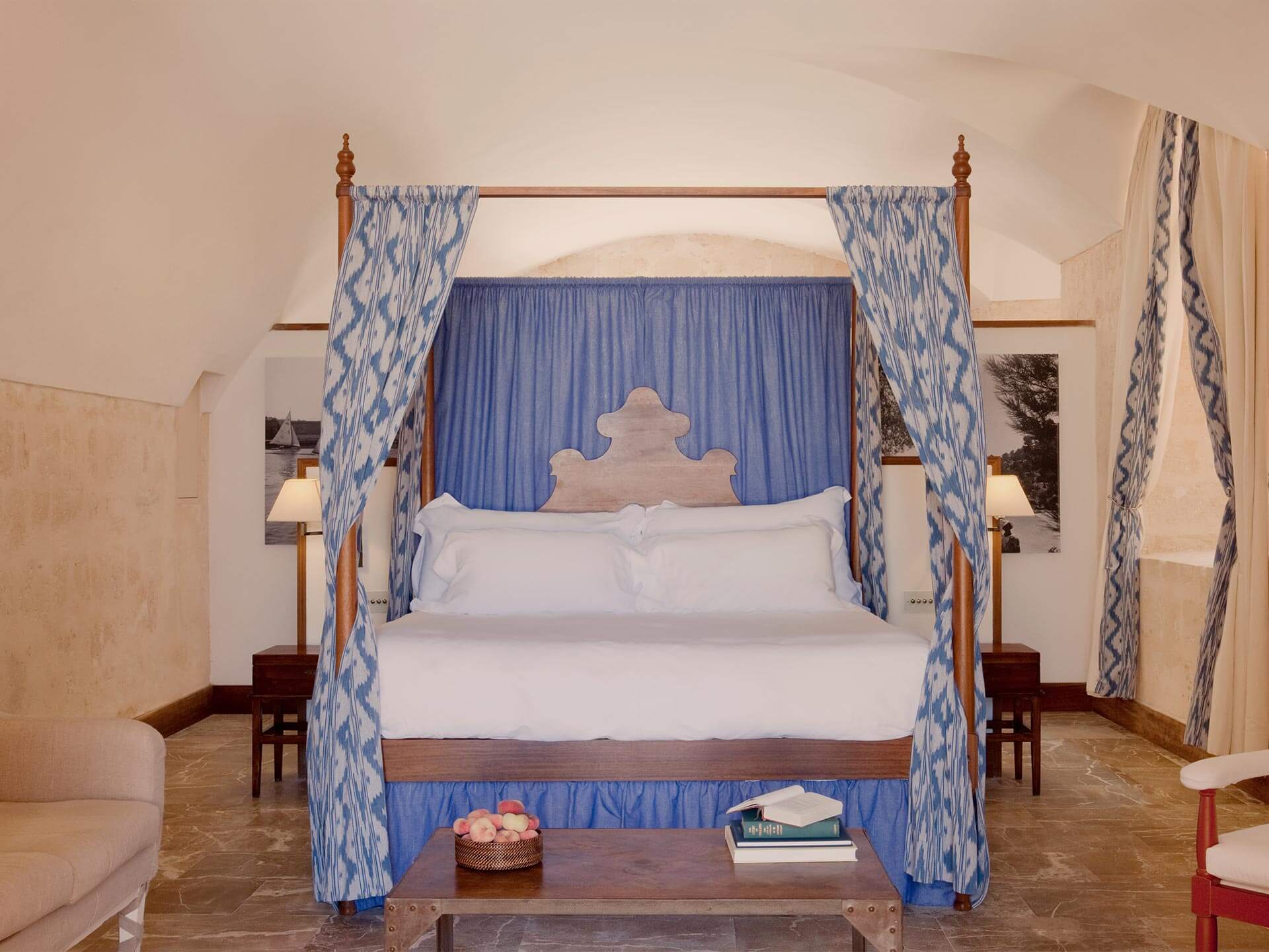 A suite inside the fortress, white walls and arched windows
