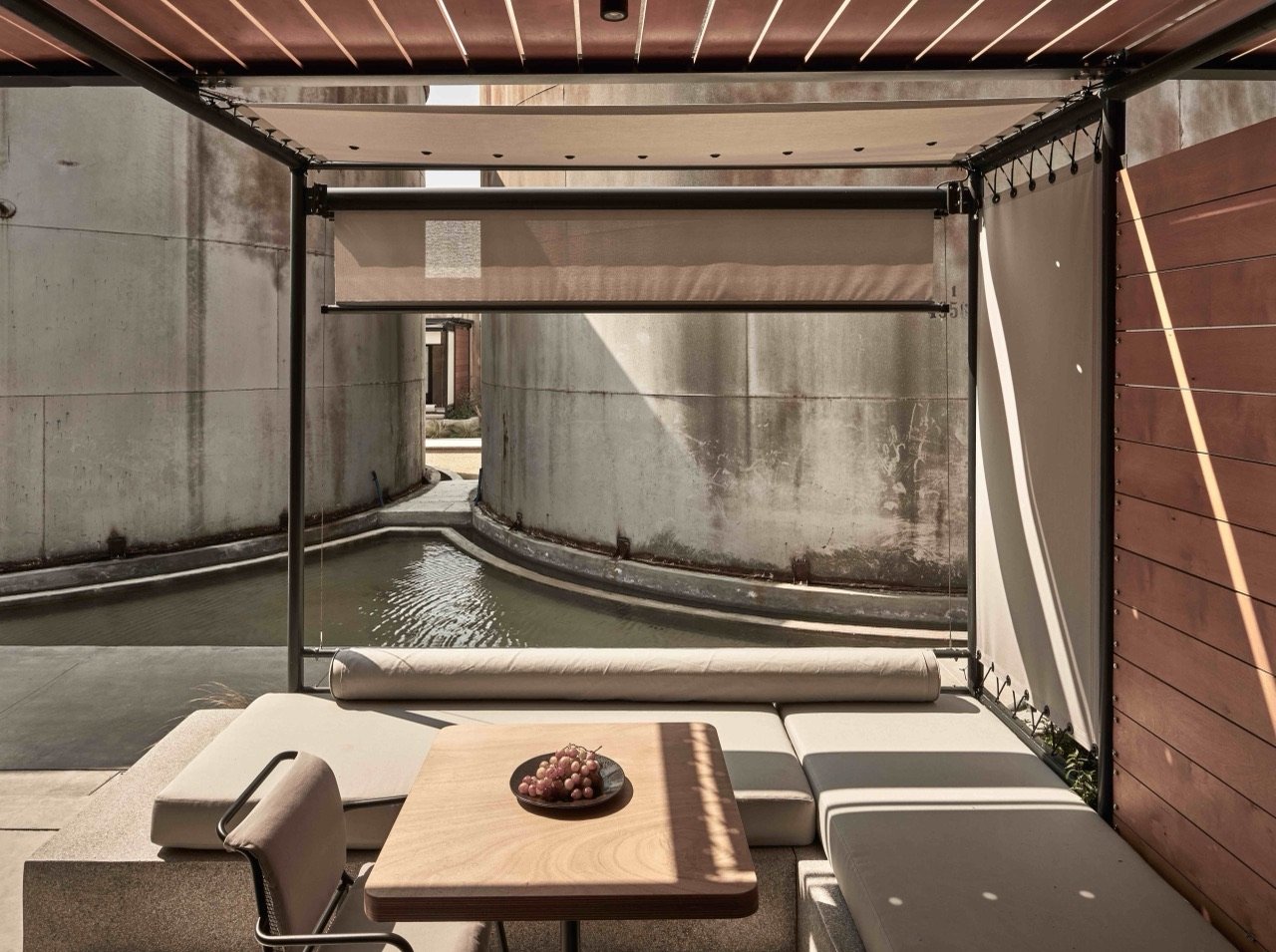 The courtyard at Dexamenes, between the two rows of wine tanks