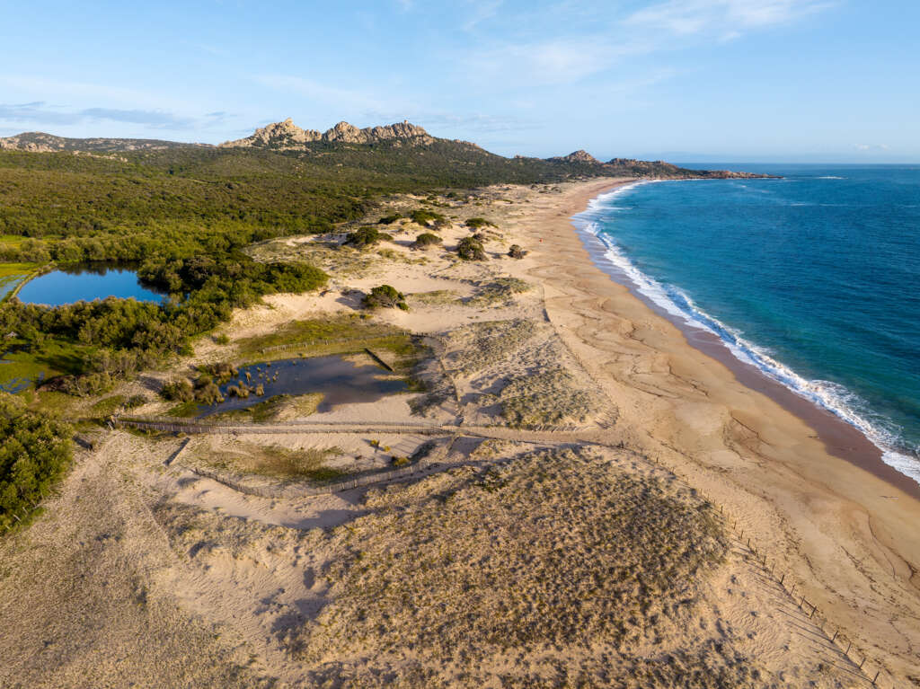 The estate's wild beach and dune, where the Ortolo river meets the sea
