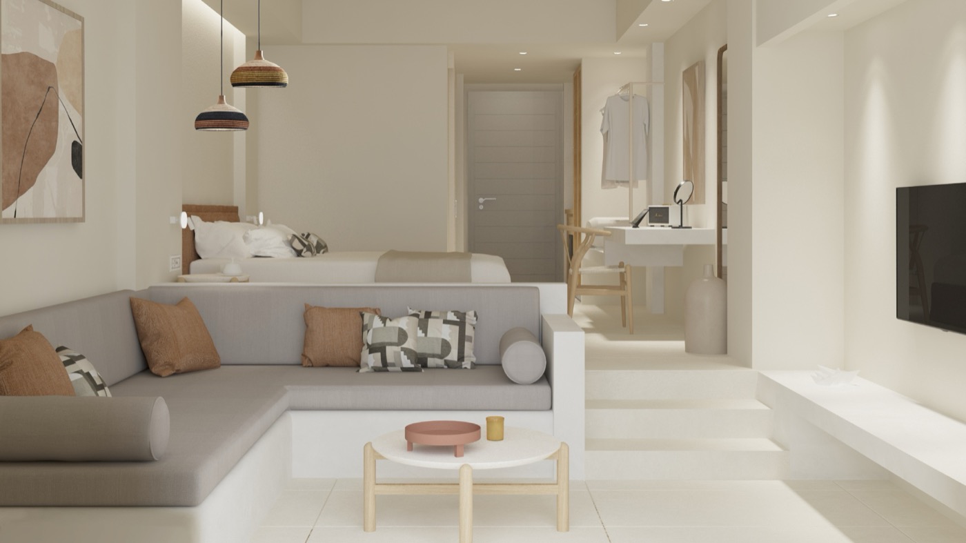 A sea-view suite in pared-back Cycladic white, the bed and sitting area
