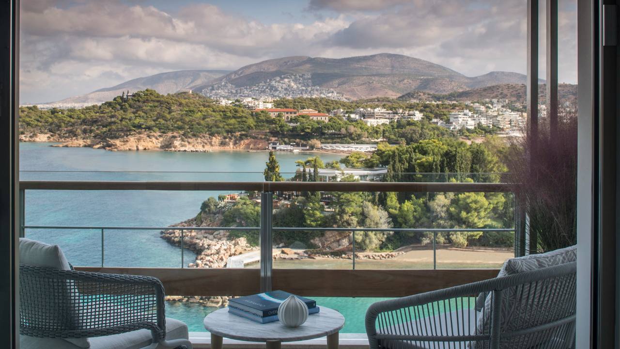 Balcony view over Vouliagmeni bay and the coastline
