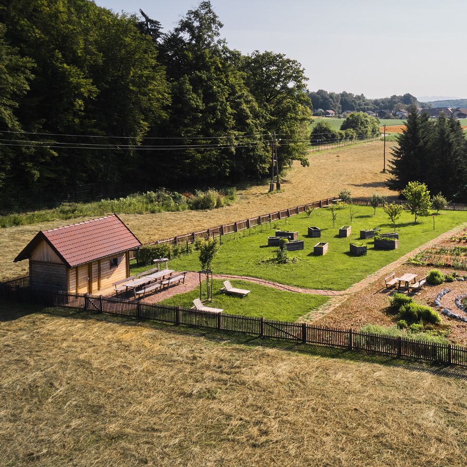 The castle kitchen garden with raised beds above the river