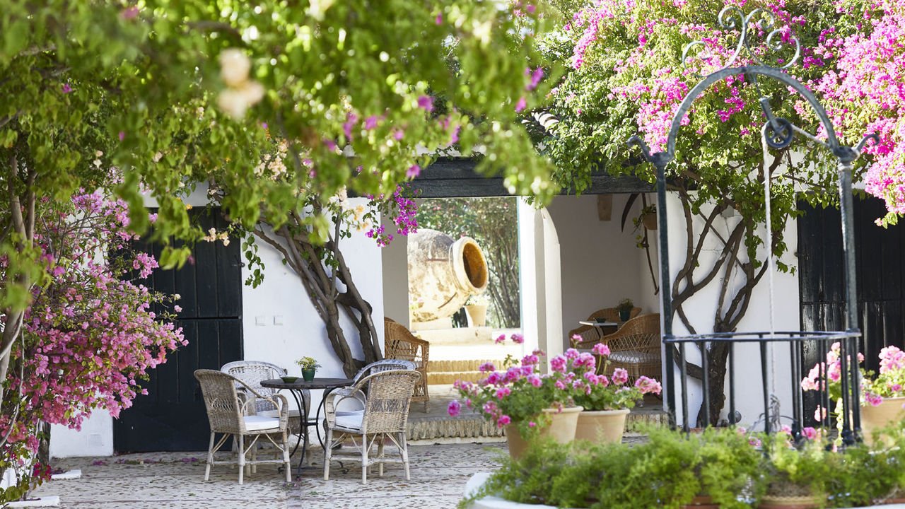 A courtyard shaded by bougainvillea with wicker chairs and a wrought-iron well