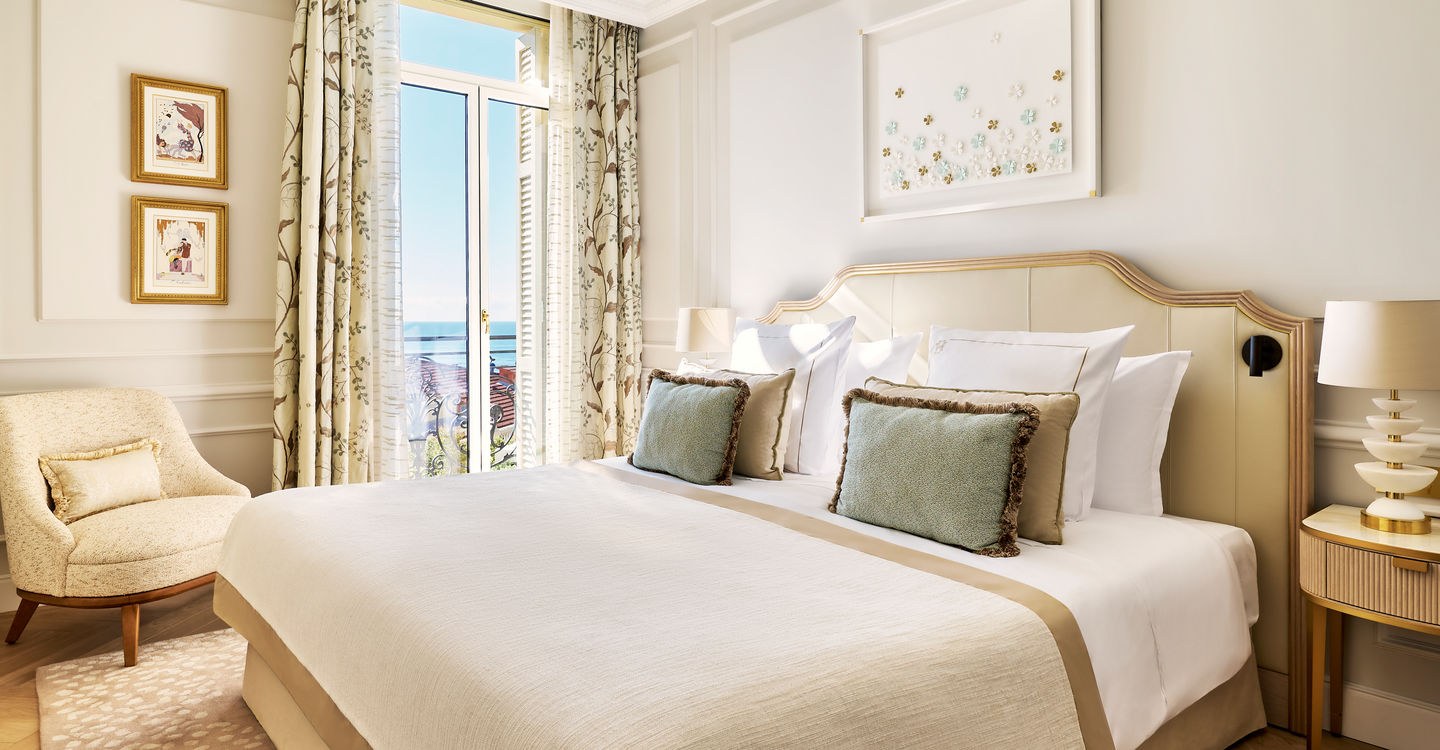 An Exclusive sea-view room at the Hôtel Hermitage, in pale Belle Époque tones