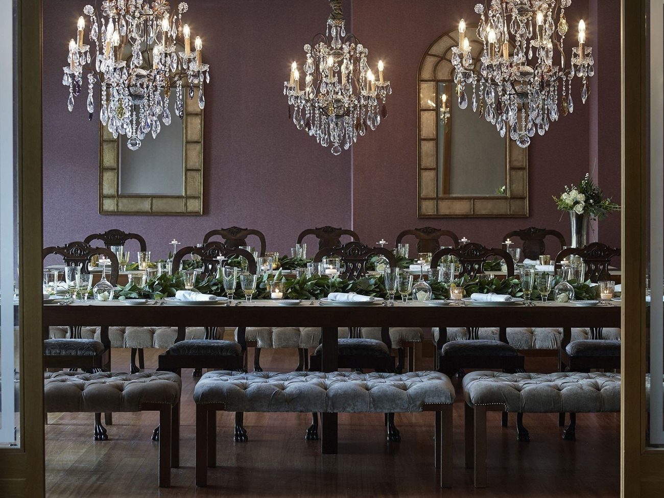 A chandelier-lit private dining room