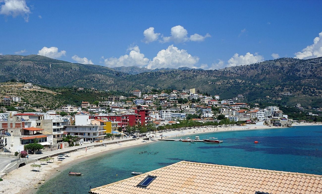 The bay and town of Himare on the Ionian coast of Albania