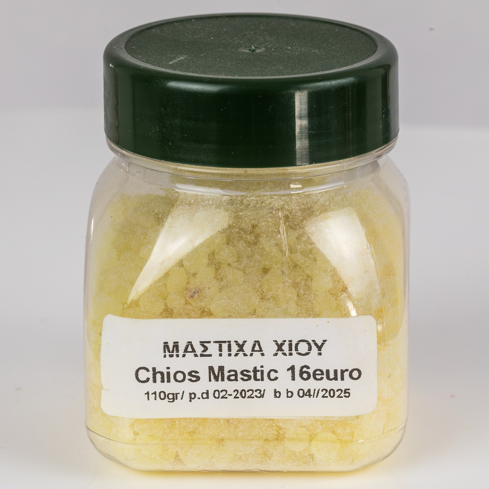 A jar of cleaned and sorted Chios mastic tears