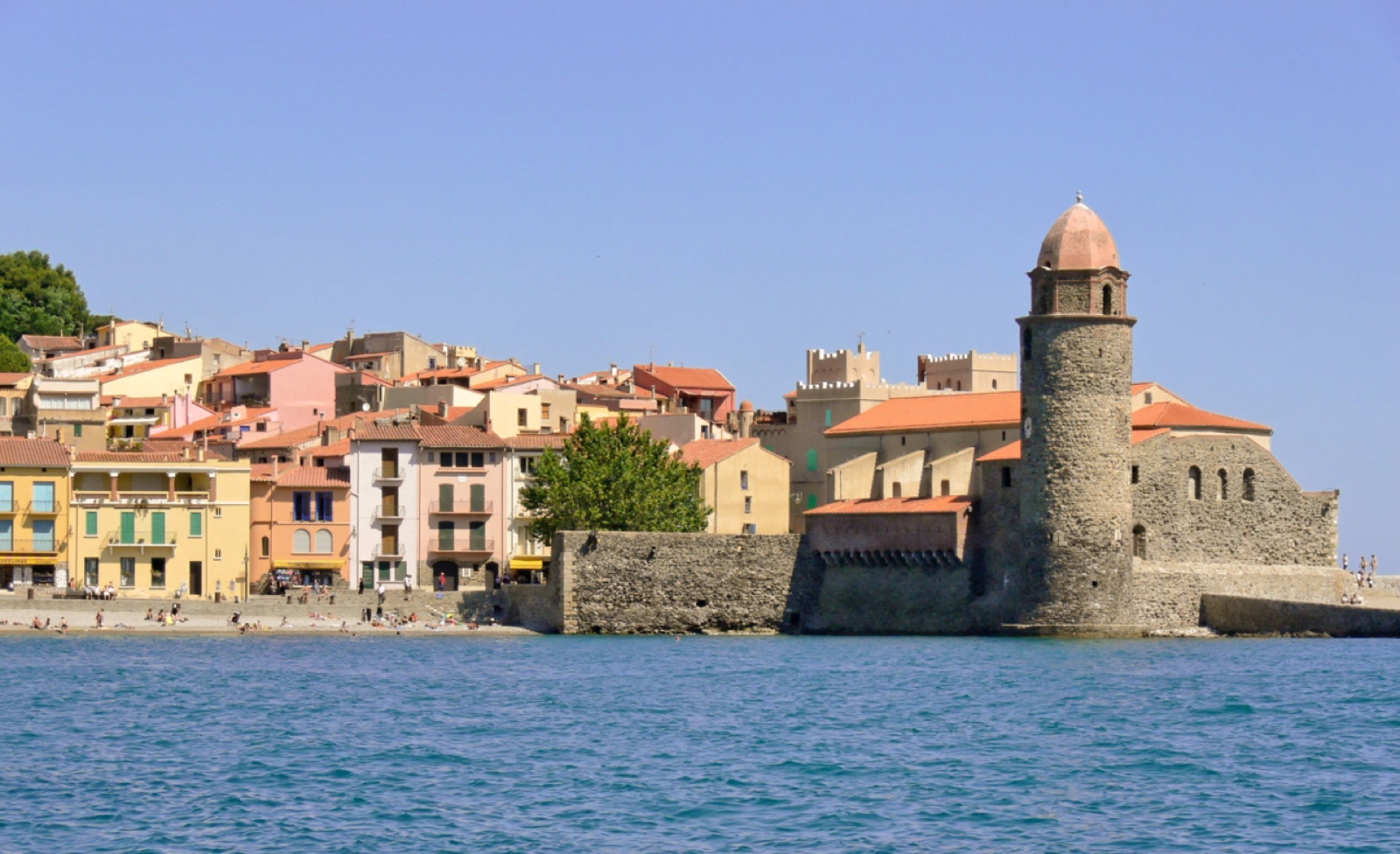 The bell tower and the coloured houses of the old quarter of Collioure