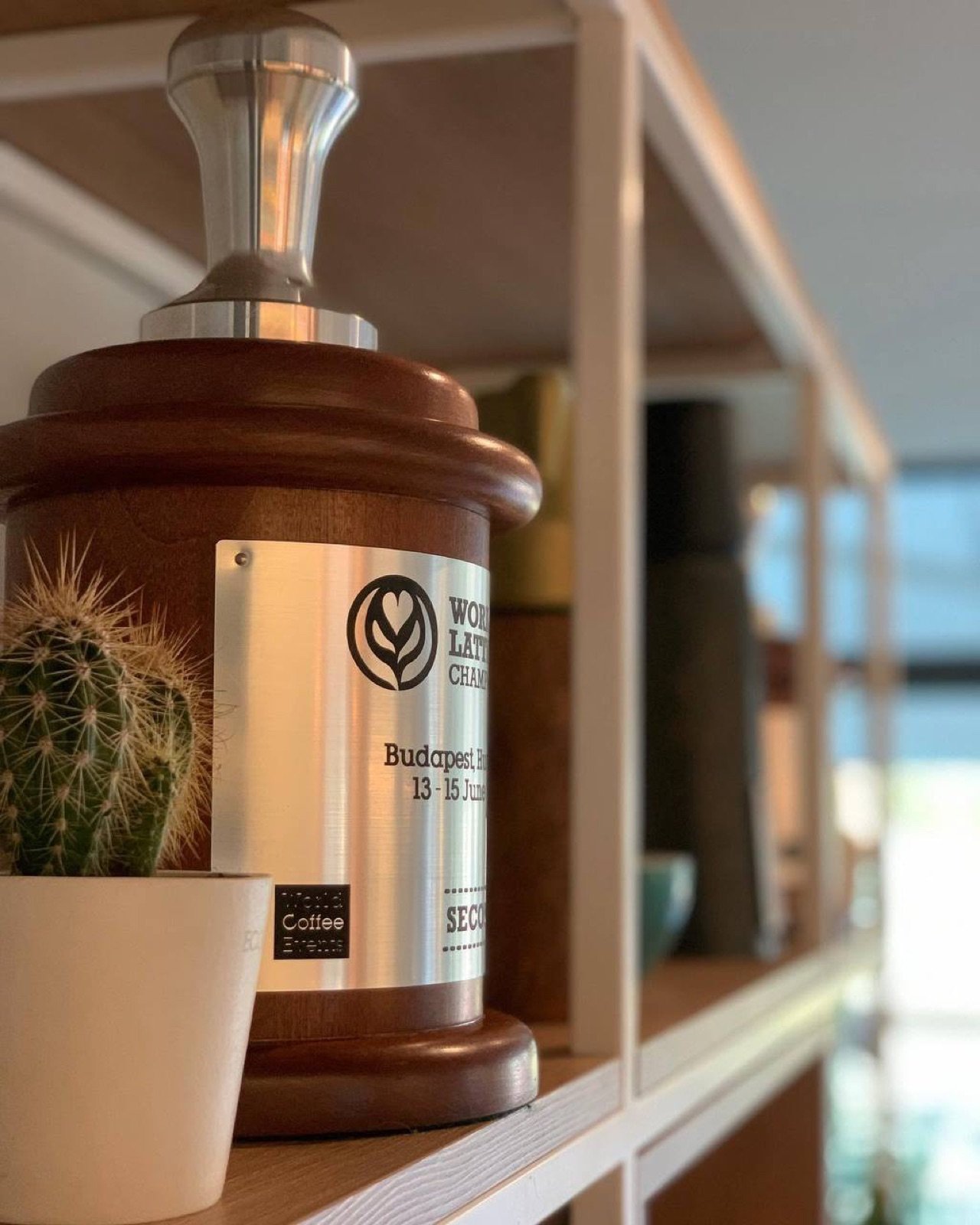 The World Latte Art Championship runner up trophy from Budapest on the shelf