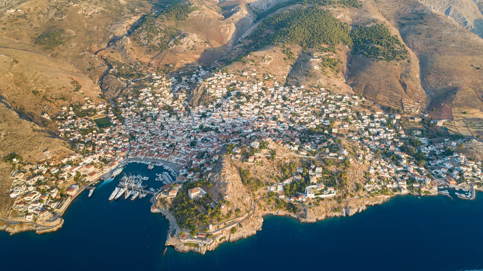 Aerial view of Hydra town and its harbour