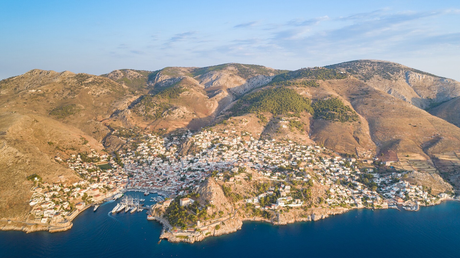 The harbour front of Hydra with its stone mansions