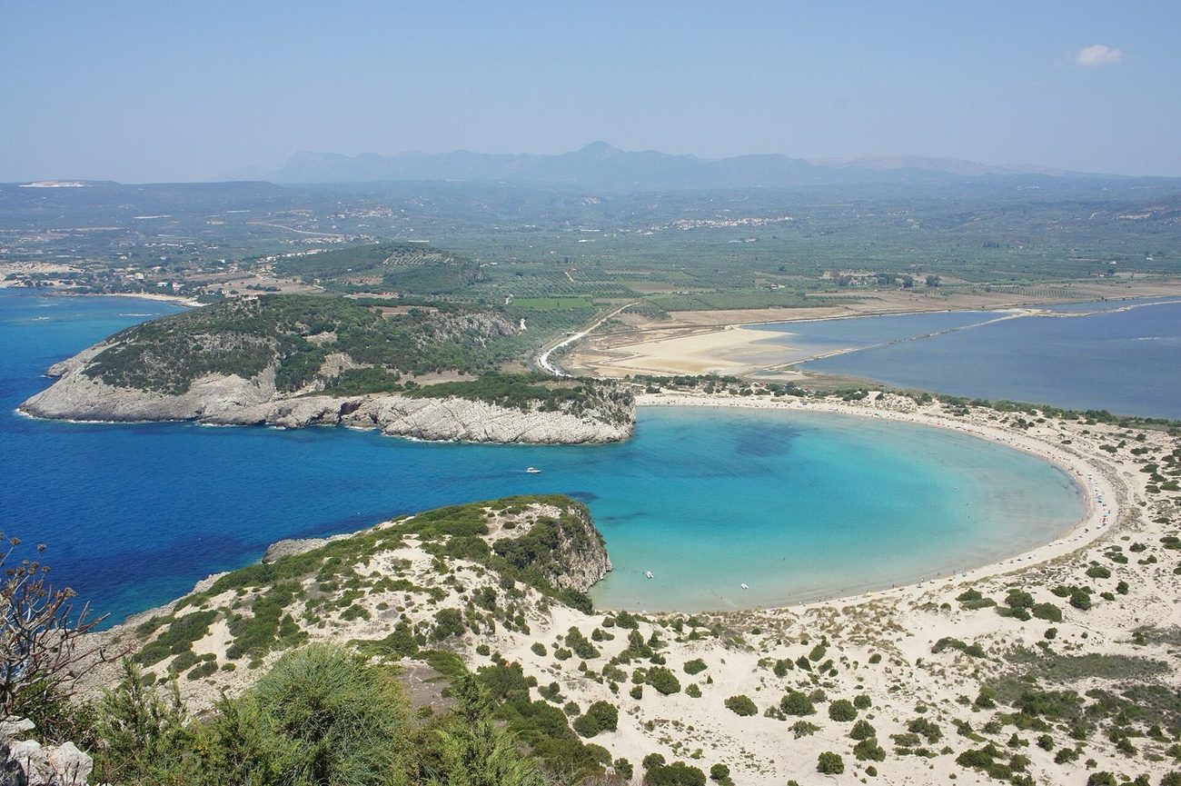Voidokilia beach with the Gialova lagoon and Navarino bay beyond