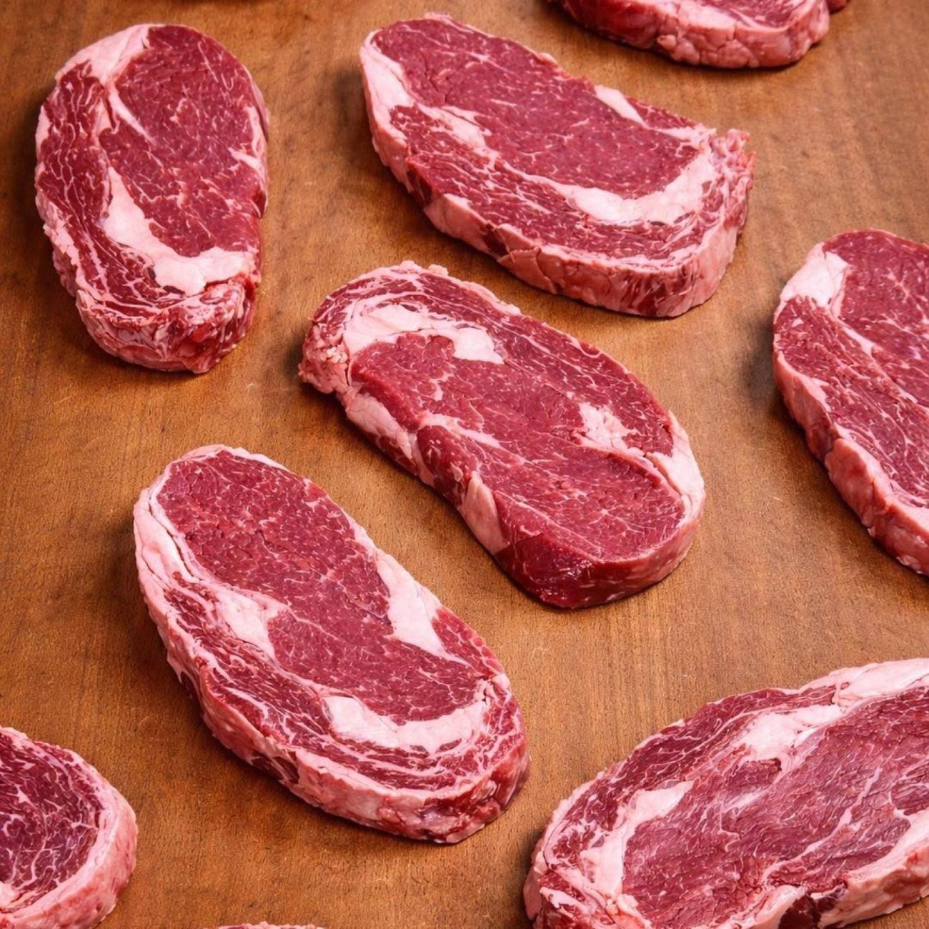 Marbled ribeye steaks laid out on a wooden board