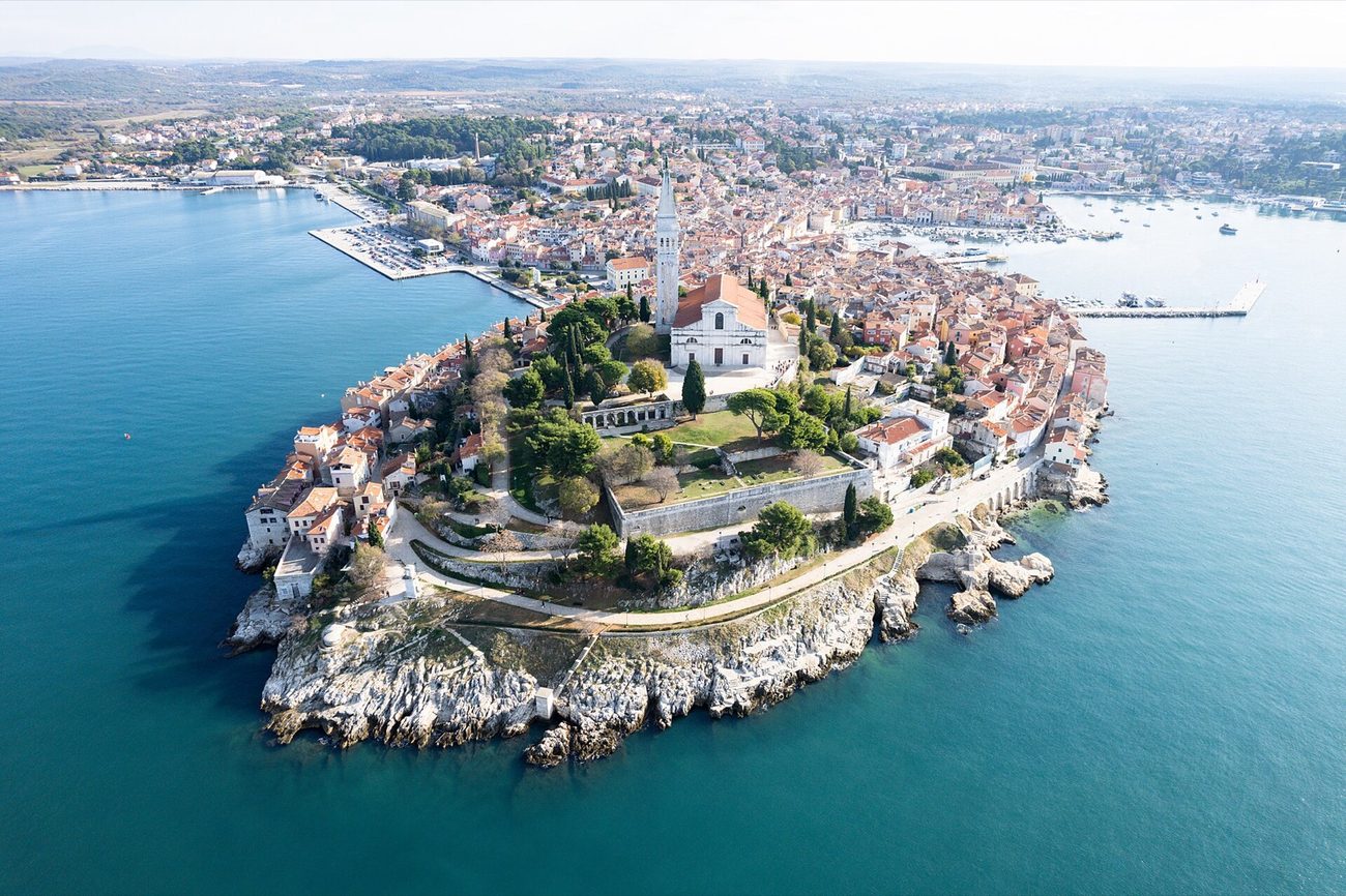 Aerial view of Rovinj old town on its oval peninsula