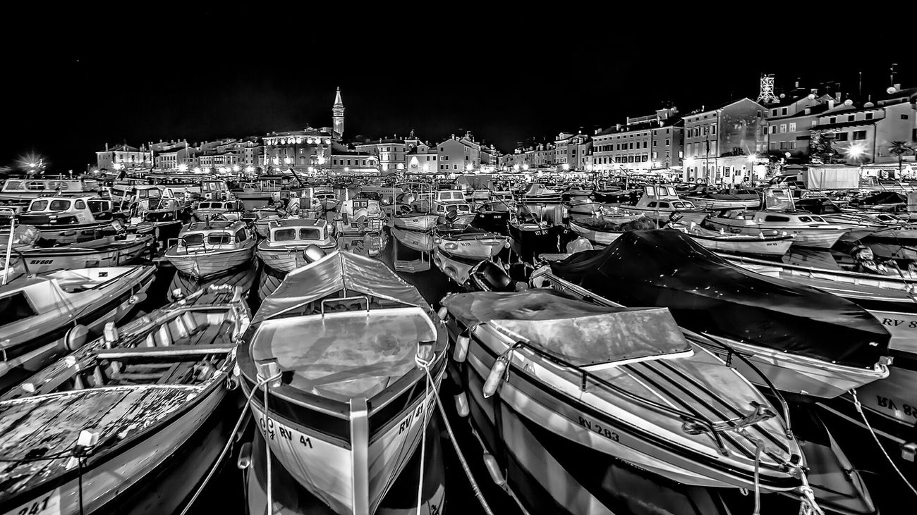 Rovinj harbour with fishing boats below the old town