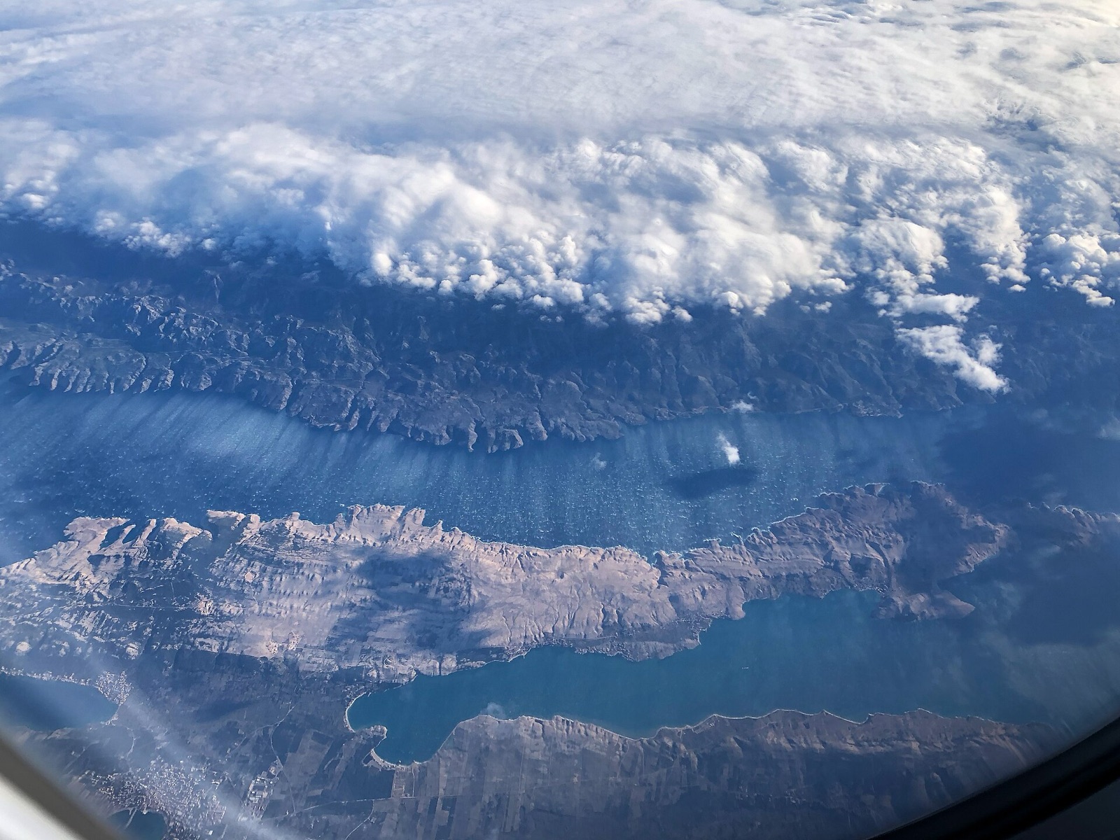 Aerial view of the sea streaked white by the bora near Novalja