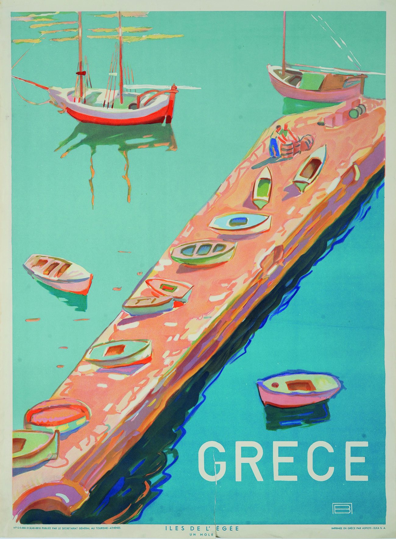 EOT poster of the Aegean islands, 1948: painted caiques moored along a pink stone mole