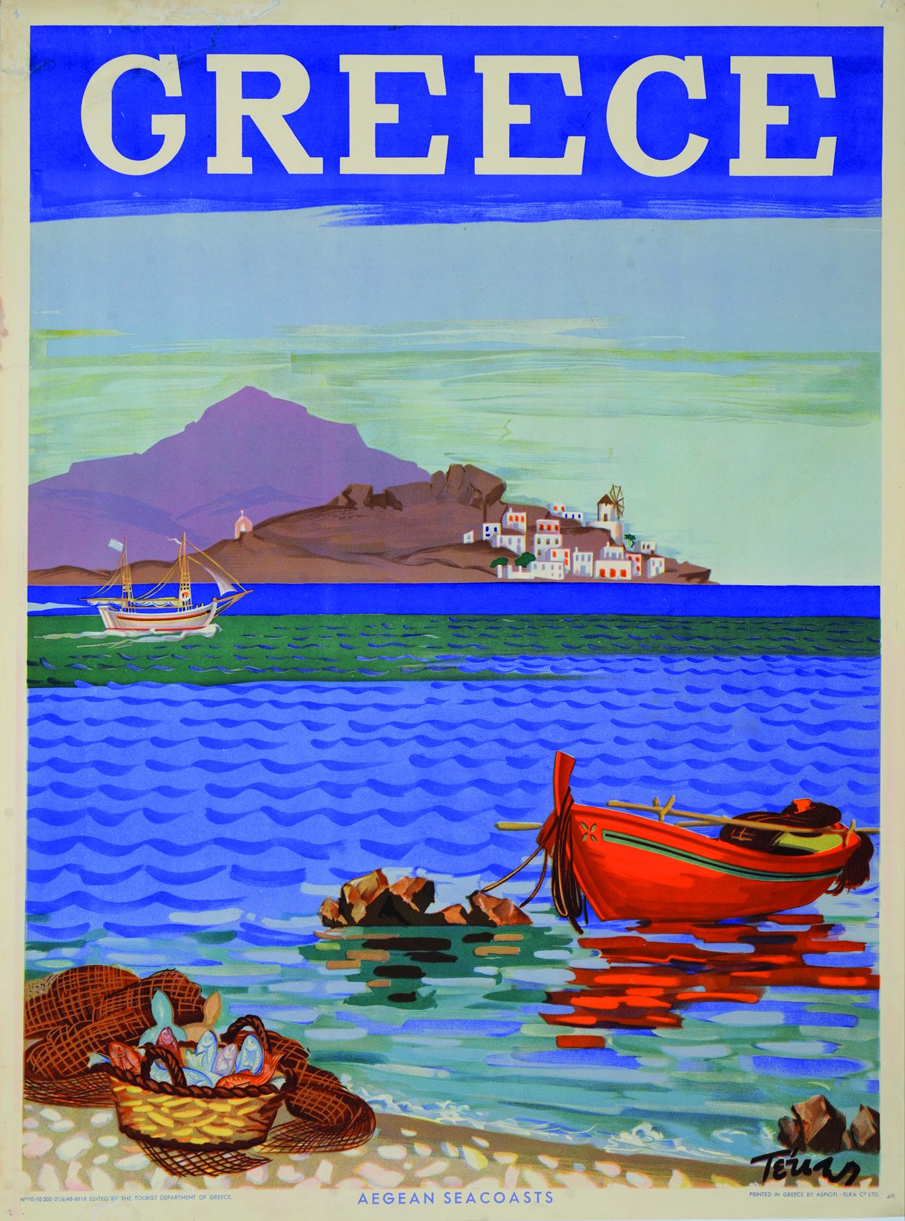 EOT poster of the Aegean seacoasts, 1948, painted by Panagiotis Tetsis: a red boat and baskets by a blue bay