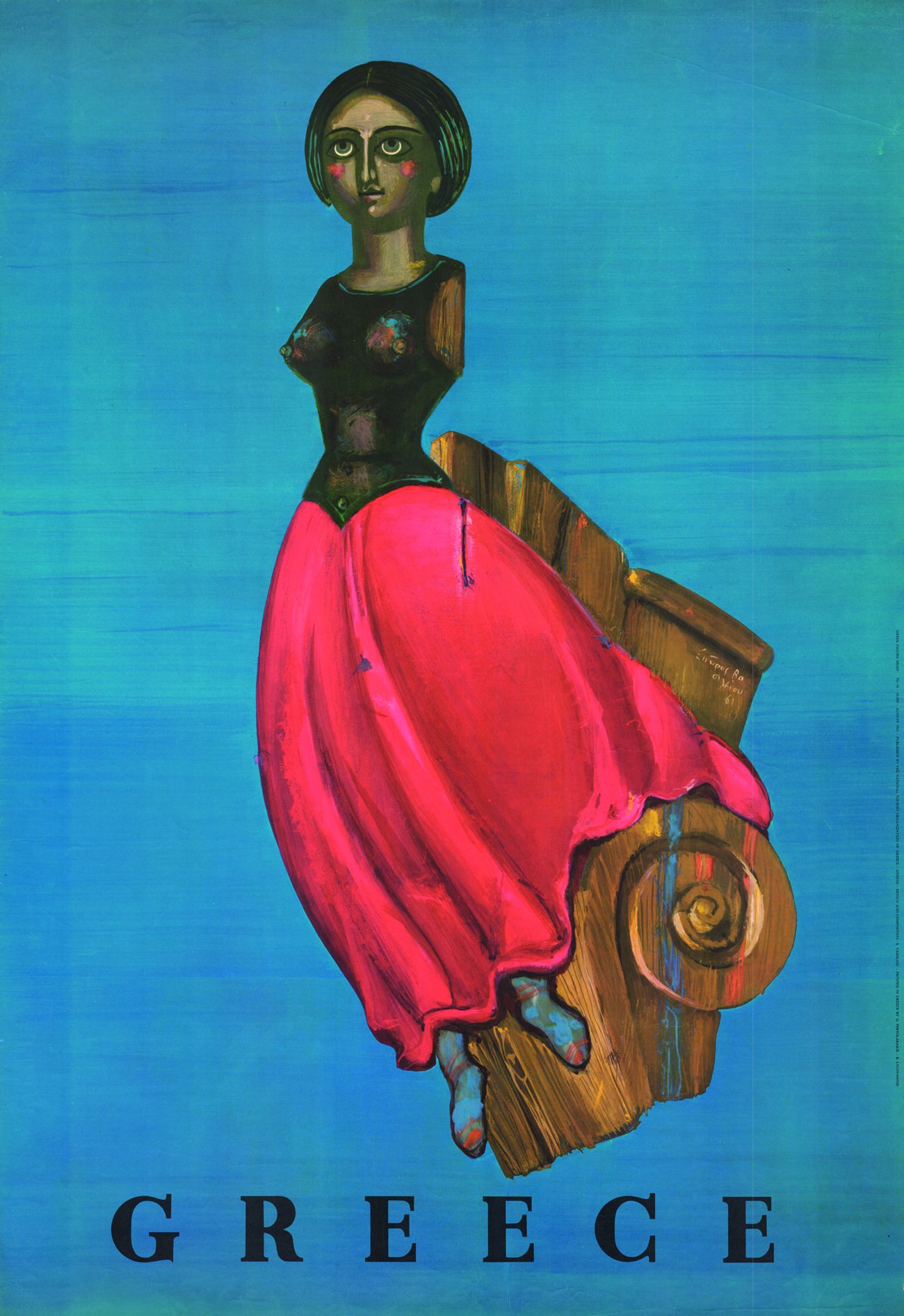 EOT poster, 1961, by Spyros Vassiliou: a carved ship's figurehead of a mermaid in a pink skirt on blue