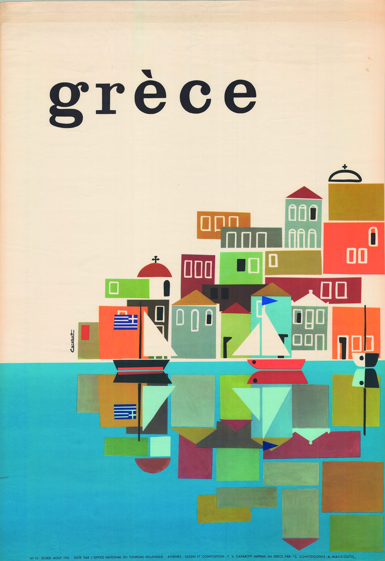 EOT poster of Symi, 1961, by Freddie Carabott: a cubist harbour town of coloured blocks mirrored in the water