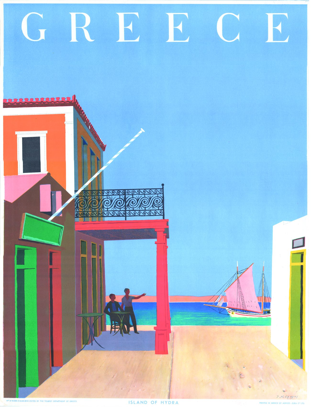 EOT poster of Hydra, 1948, by Yannis Moralis: two figures at a café table under a balcony, a boat on the bay