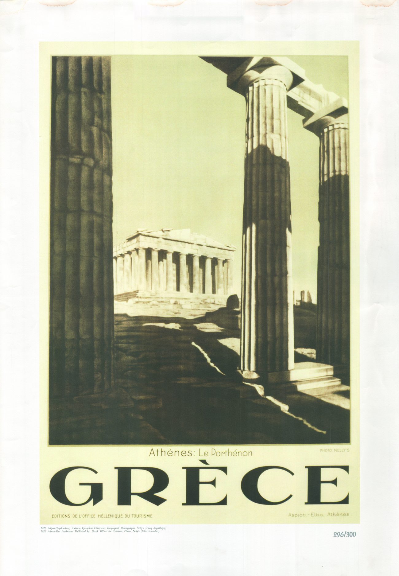 EOT poster of the Parthenon, 1929, photograph by Nelly's: the temple seen between tall columns