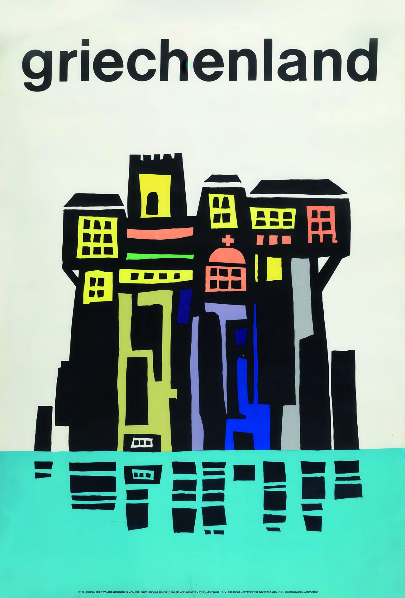 EOT poster of Mount Athos, 1963, by Freddie Carabott: the monastery of Simonos Petra as stacked black and coloured forms over turquoise