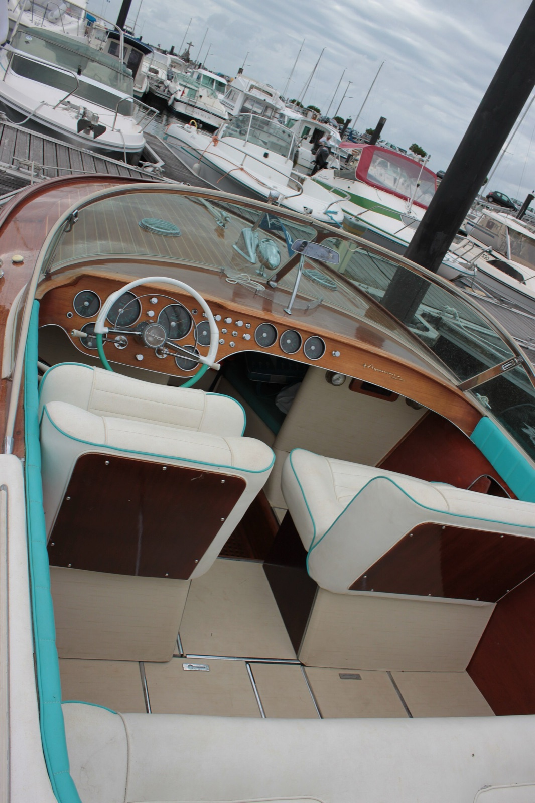 The bow and flank of a Riva Aquarama at Arcachon