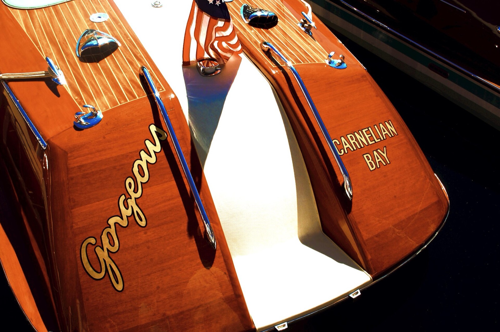 The varnished mahogany stern of a Riva Aquarama Special