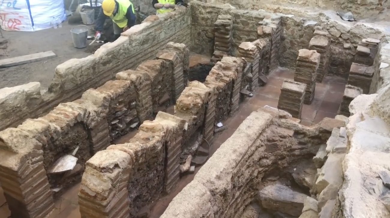 Roman hypocaust, the brick pillars of an underfloor heating system, displayed at Agias Sofias metro station