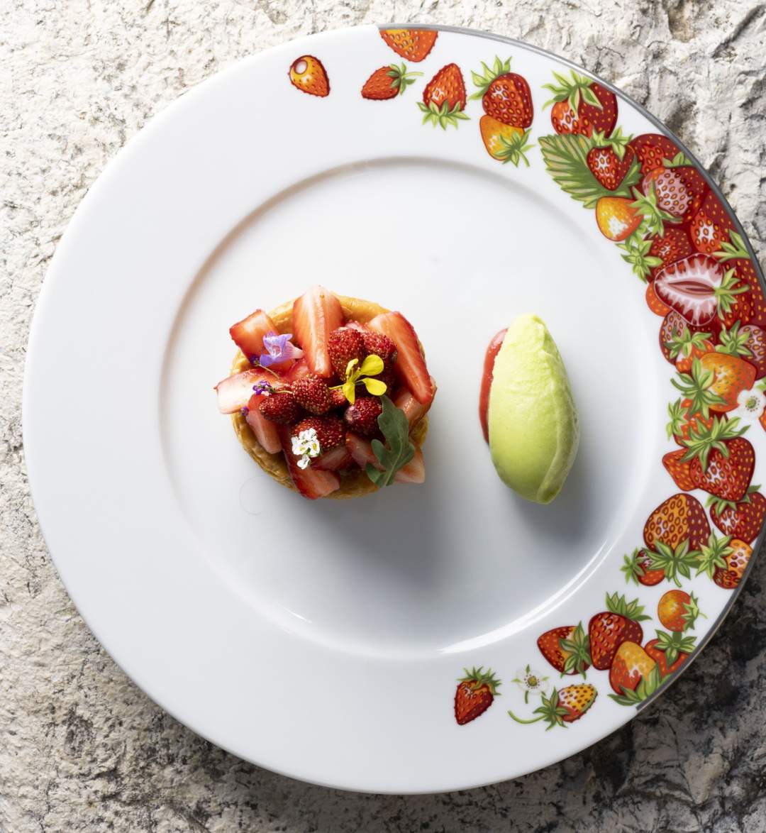 A dessert built around local strawberries from the kitchen garden