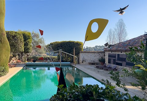 The pool beneath an Alexander Calder mobile and a Sean Scully ceramic at La Colombe d'Or