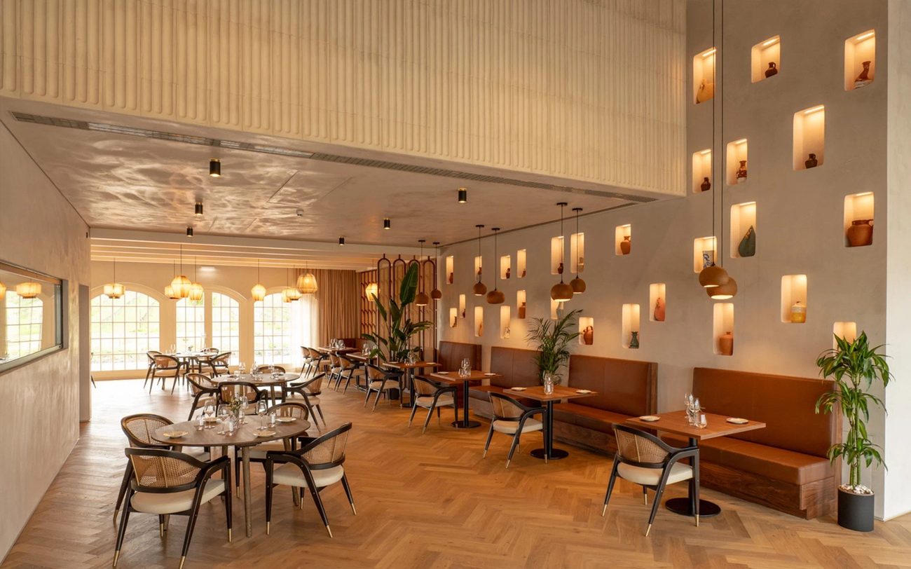 The Wine Restaurant, herringbone floor and warm wall niches