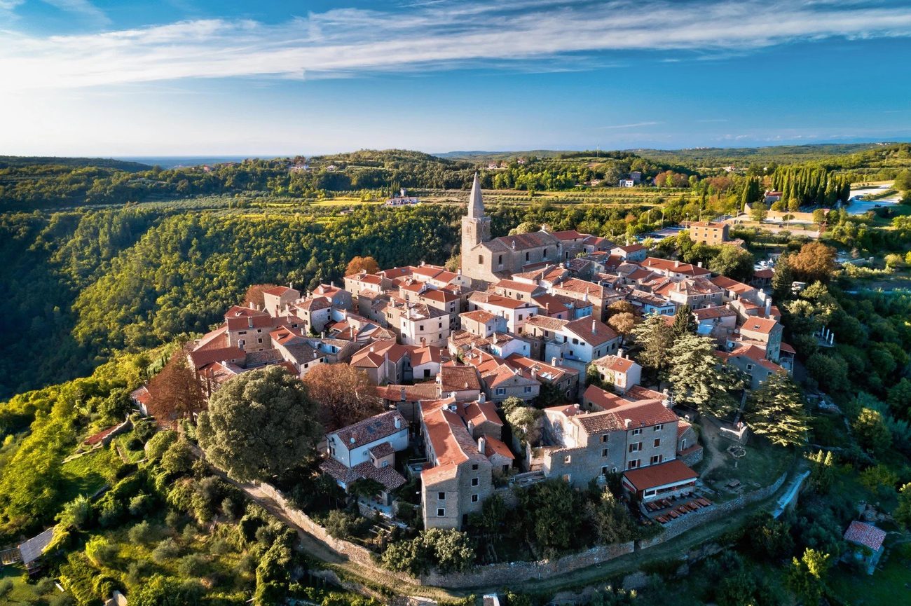 A hilltop town in the green interior of Istria, a short drive away