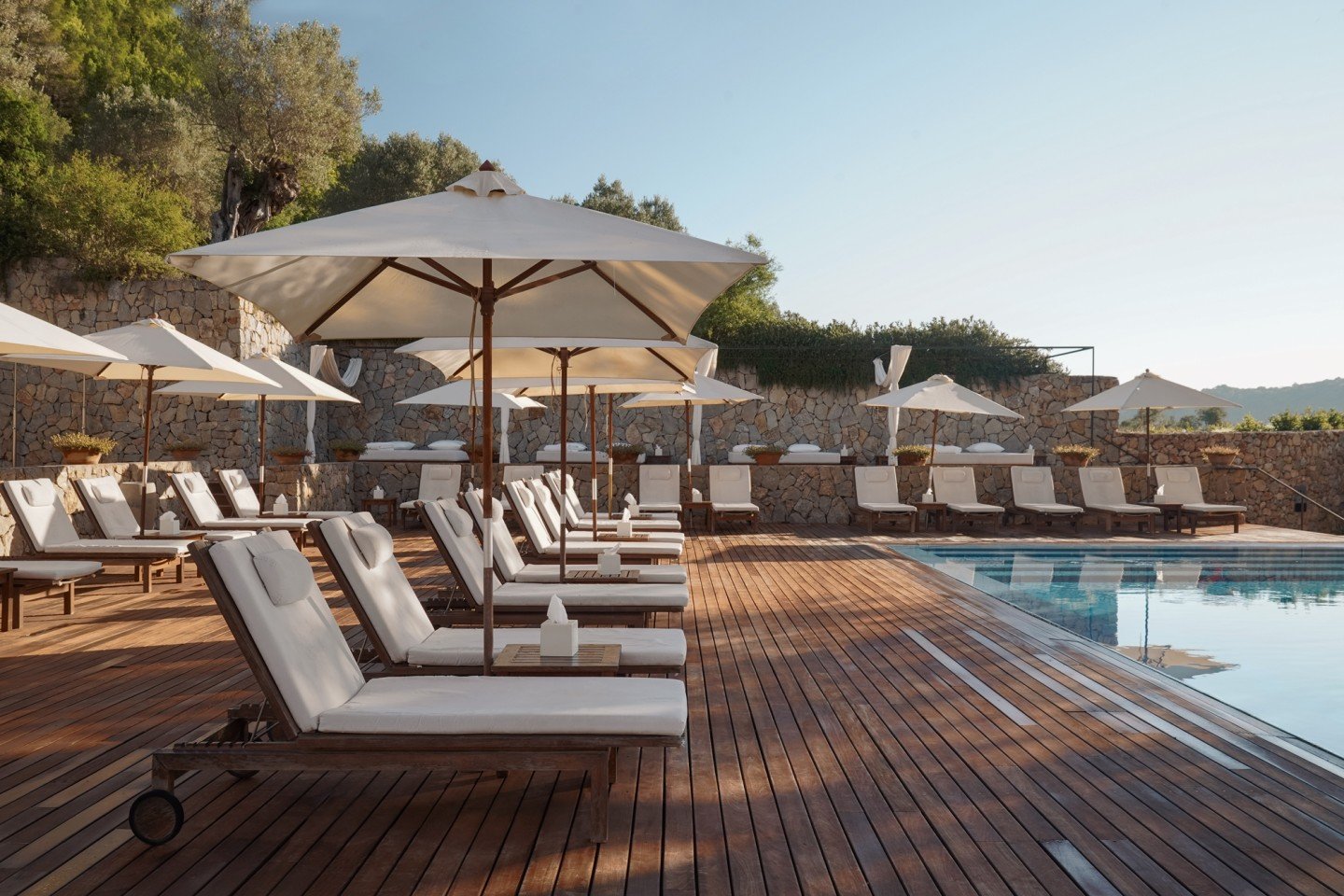 The outdoor pool with loungers and the estate gardens beyond