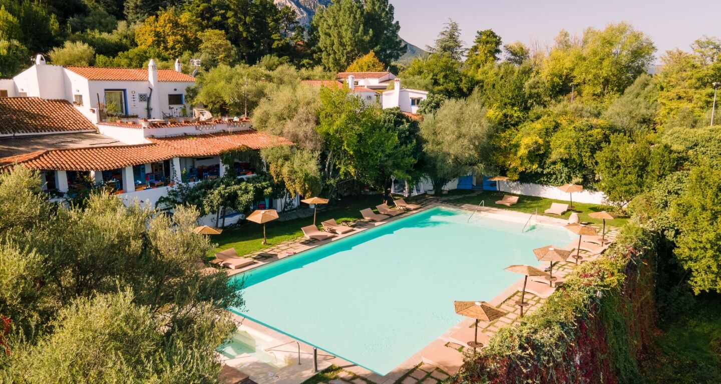 The swimming pool below the white buildings, ringed by greenery
