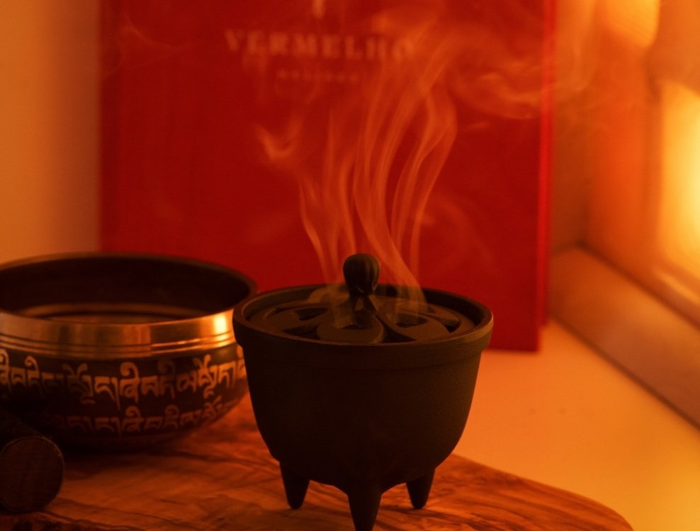 The wellness room, an incense burner and a Tibetan singing bowl