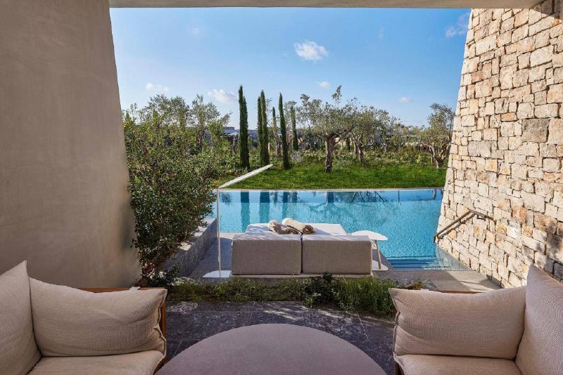 Private plunge pool framed by olive trees and stone